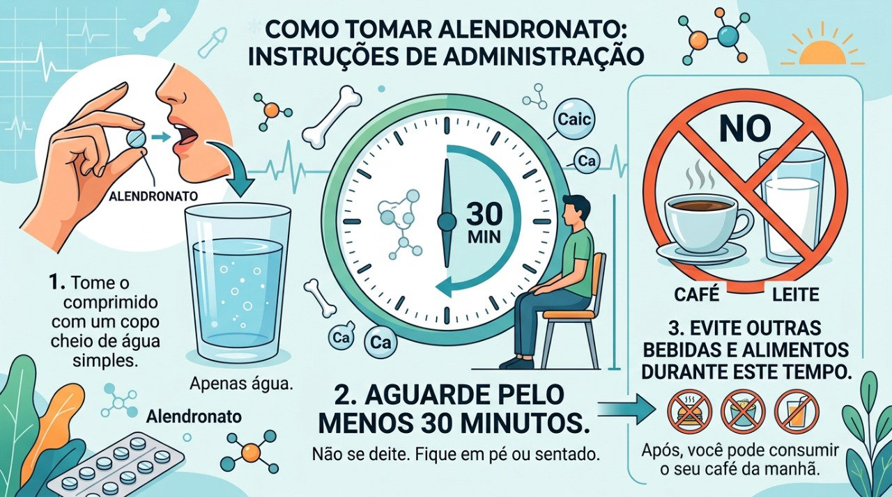 Café, leite e outros alimentos podem reduzir a absorção do alendronato quando consumidos perto do comprimido.