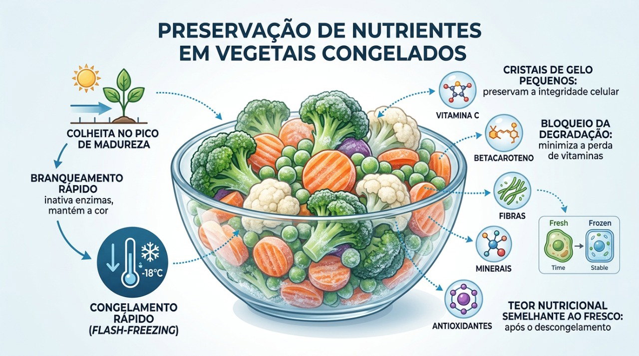 O congelamento pode preservar boa parte dos nutrientes dos vegetais quando realizado adequadamente.