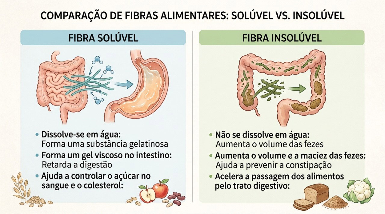 Fibras solúveis e insolúveis atuam de maneiras diferentes no metabolismo e no funcionamento do intestino.