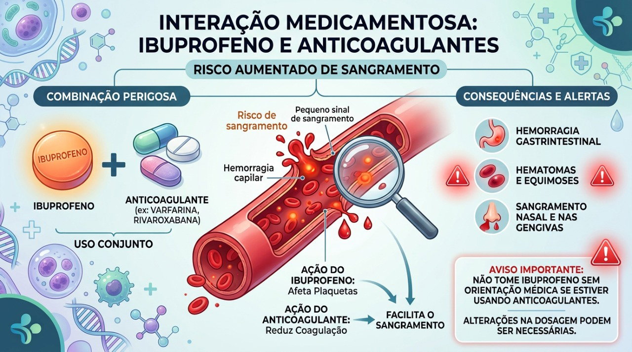 Anti-inflamatórios como o ibuprofeno podem aumentar o risco de sangramento durante a anticoagulação.