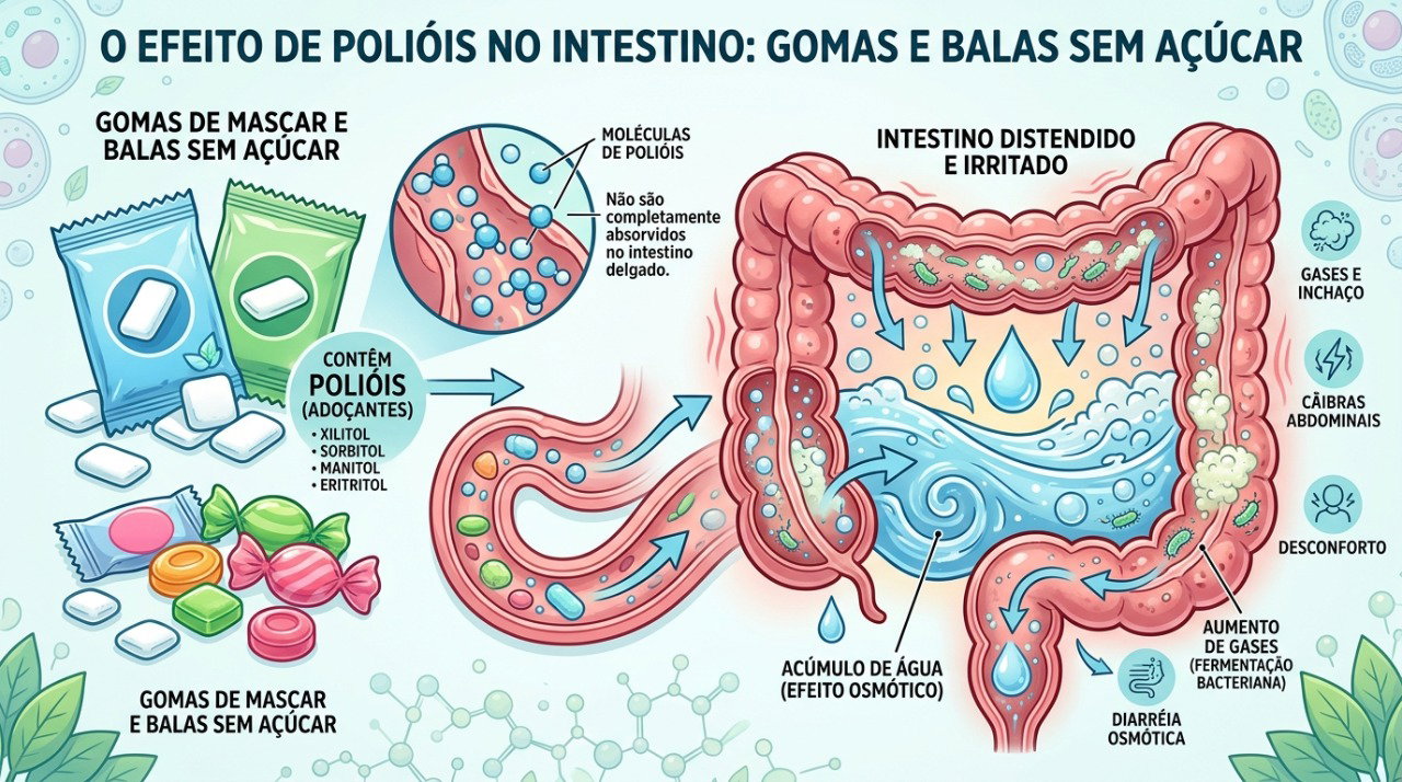 Polióis como sorbitol e xilitol podem favorecer gases e fezes mais líquidas quando consumidos em excesso.
