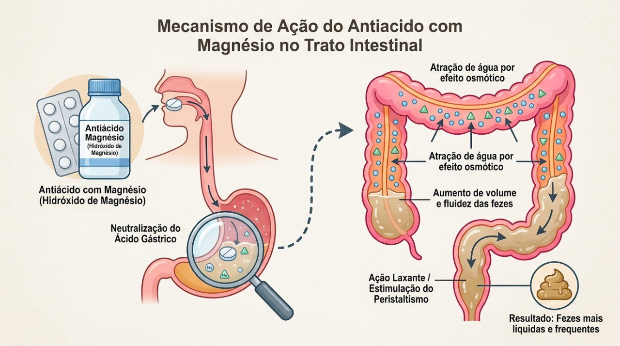 O magnésio presente em alguns antiácidos pode puxar água para o intestino e ter efeito laxativo.