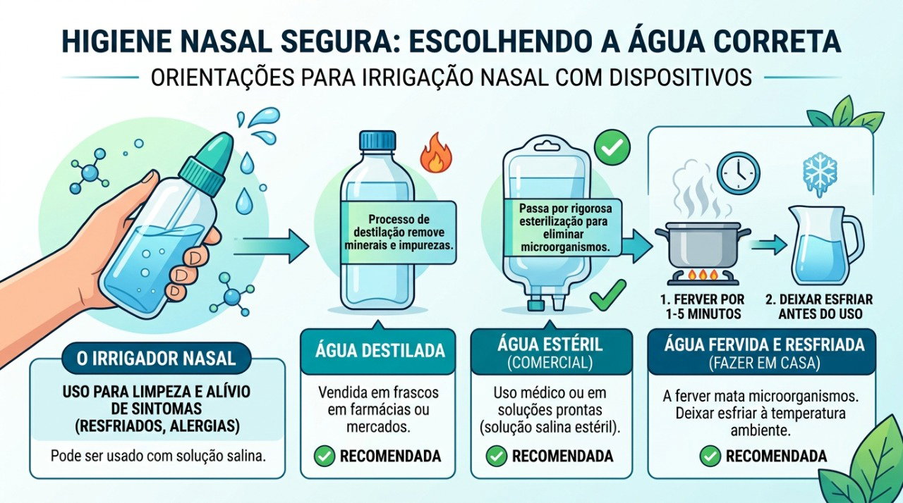 Água destilada, estéril ou previamente fervida e resfriada são opções seguras para preparar a lavagem nasal.
U.S. Food and Drug Administration