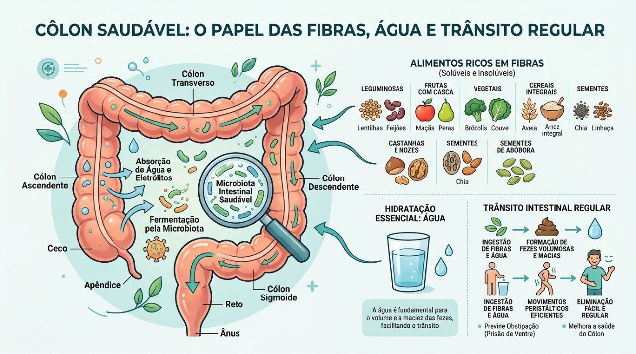 Fibras, hidratação e hábitos regulares ajudam a manter o funcionamento intestinal.