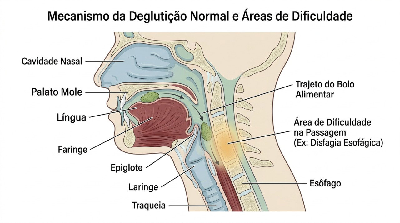 A disfagia pode dificultar a passagem de alimentos pela garganta ou pelo esôfago.