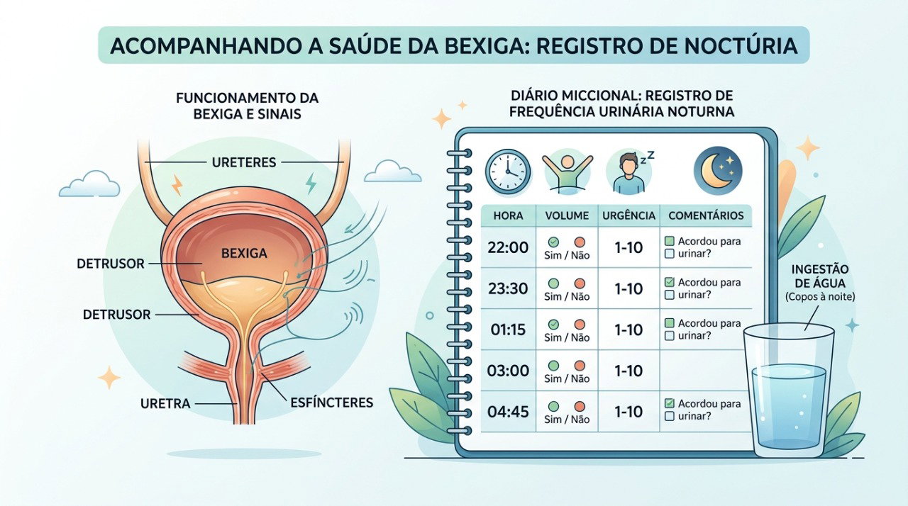 Registrar horários, líquidos e sintomas ajuda na investigação das causas da noctúria.