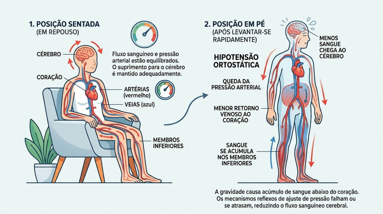 A hipotensão postural ocorre quando a pressão cai após a pessoa se levantar.