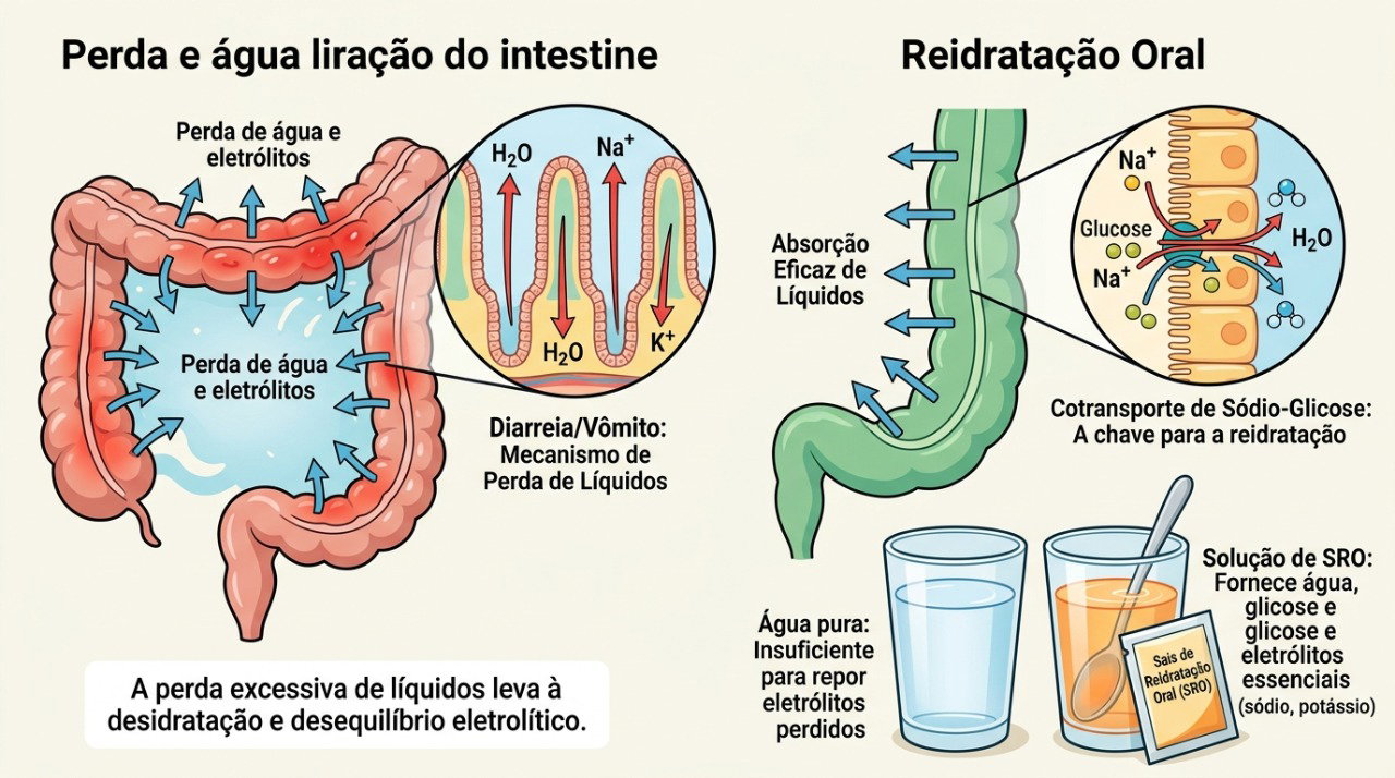 A reposição de líquidos e sais minerais ajuda a prevenir a desidratação durante episódios de diarreia.