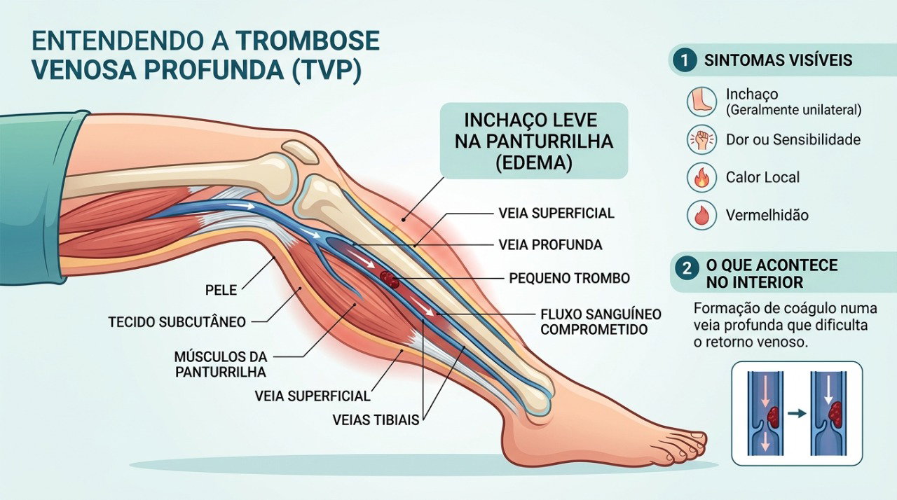 A trombose venosa profunda pode causar inchaço, dor, calor e vermelhidão em uma das pernas.