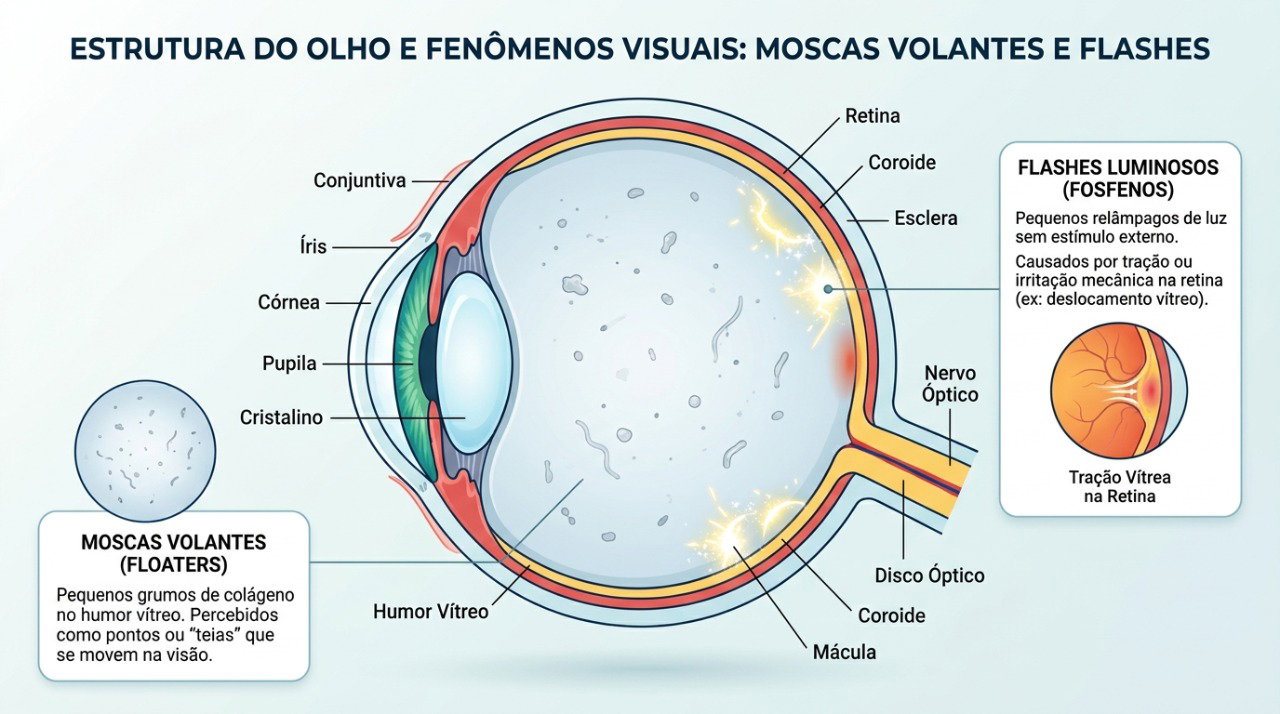 Moscas volantes com flashes podem estar associadas a alterações do vítreo e da retina.