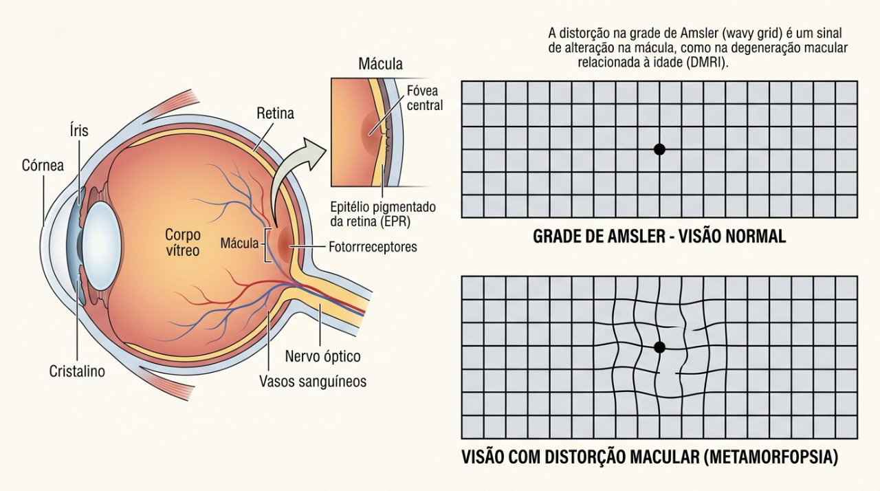 Alterações na mácula podem distorcer linhas e comprometer a visão central.