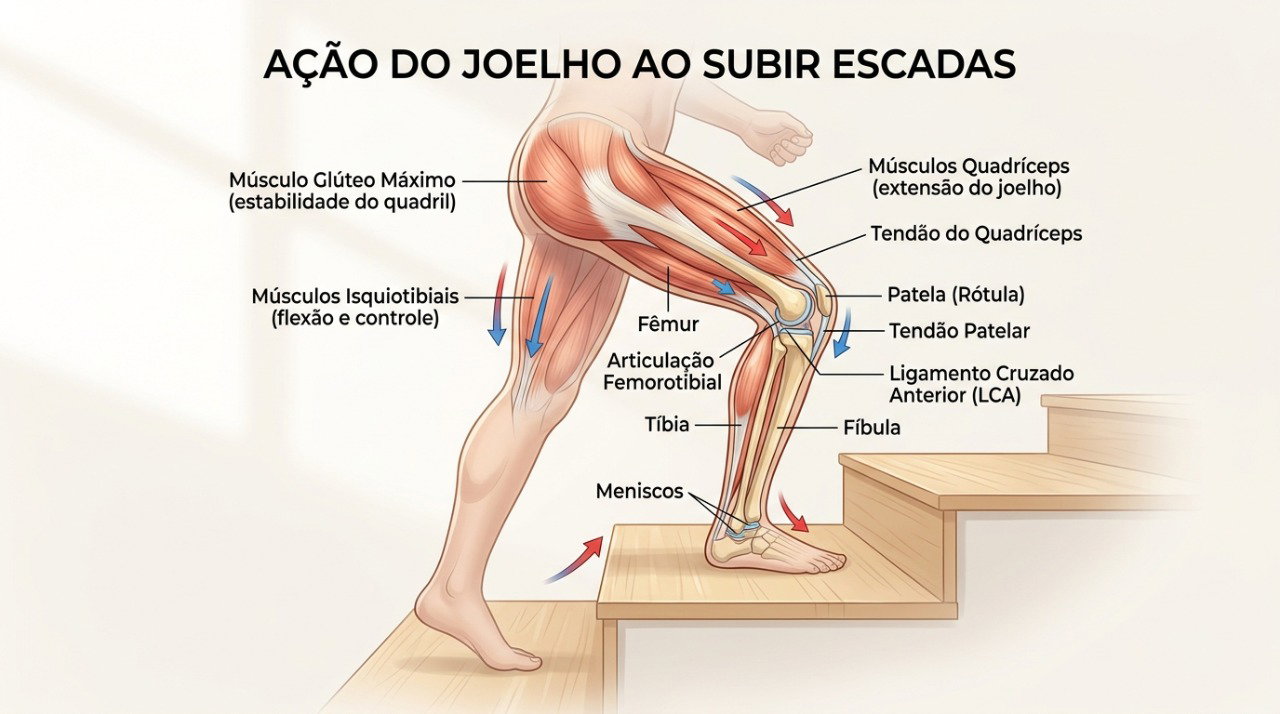O movimento nas escadas exige força muscular e pode evidenciar dor e limitação no joelho.