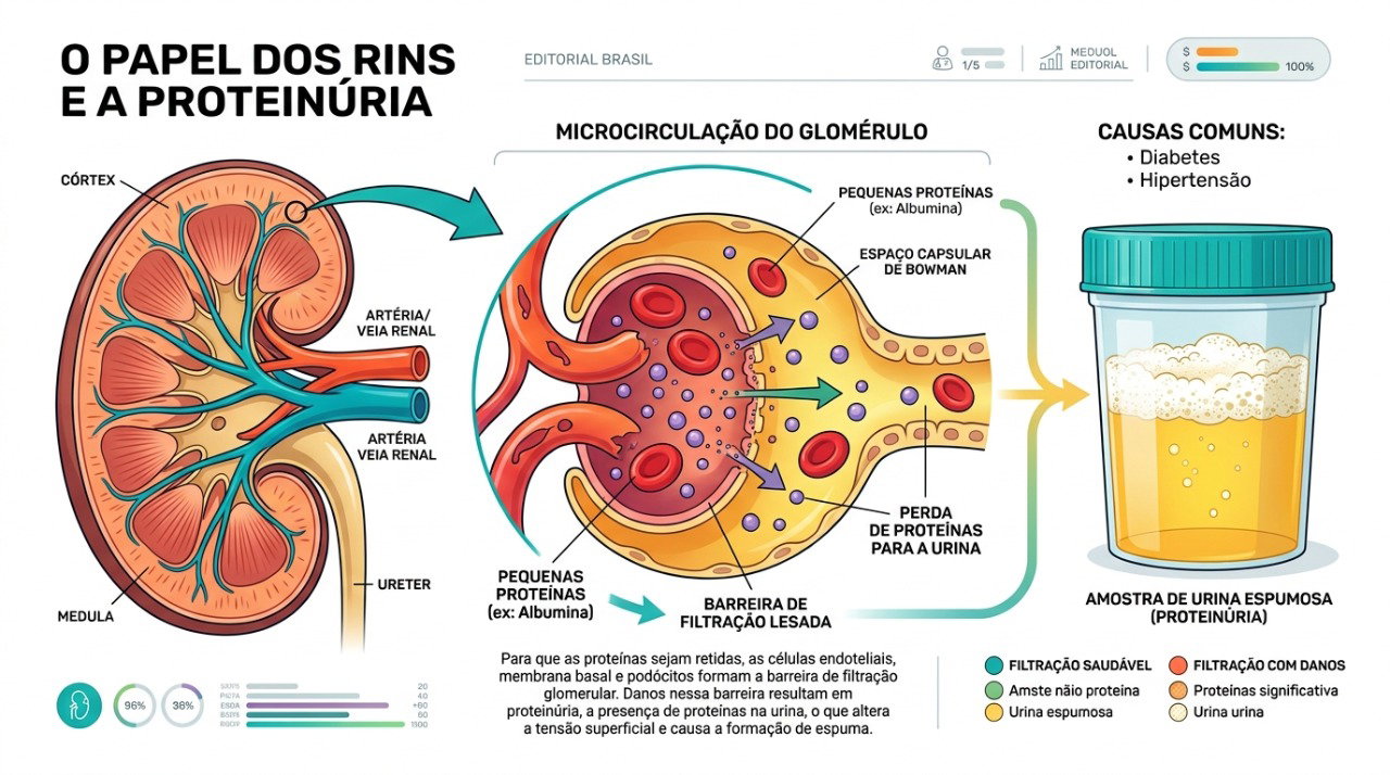 A presença de albumina na urina pode indicar alteração na capacidade de filtragem dos rins.