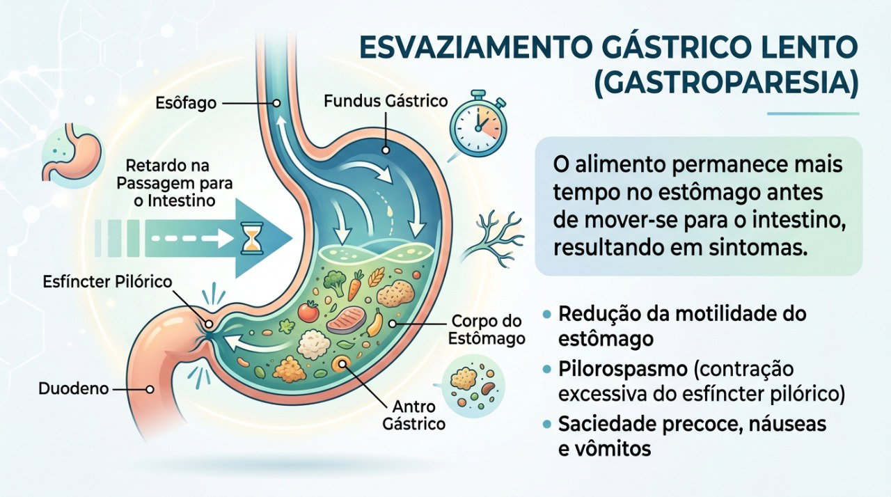 O esvaziamento gástrico mais lento pode causar plenitude, náusea e sensação de comida parada por horas.
NIDDK