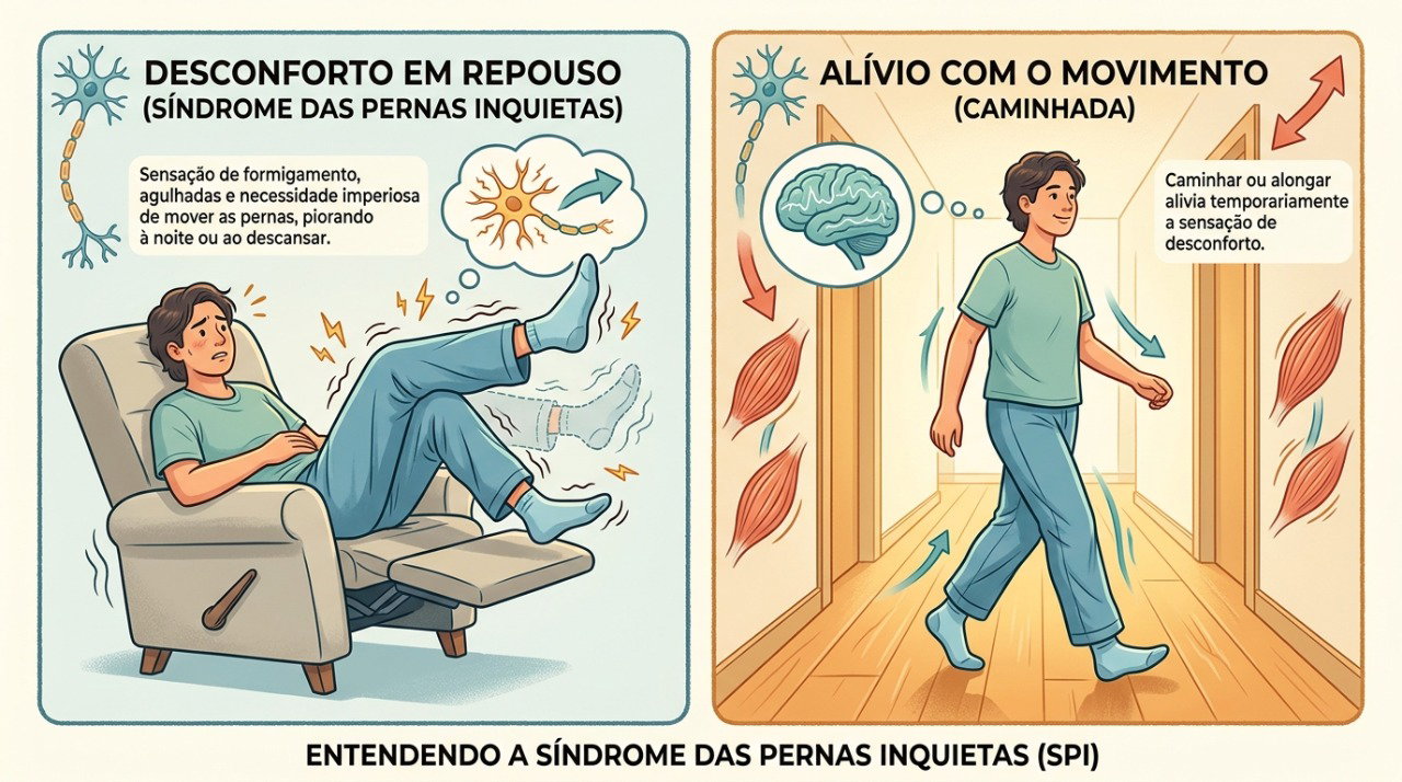 Na síndrome das pernas inquietas, o desconforto costuma piorar em repouso e melhorar temporariamente ao caminhar ou movimentar as pernas.
nhs.uk
+1