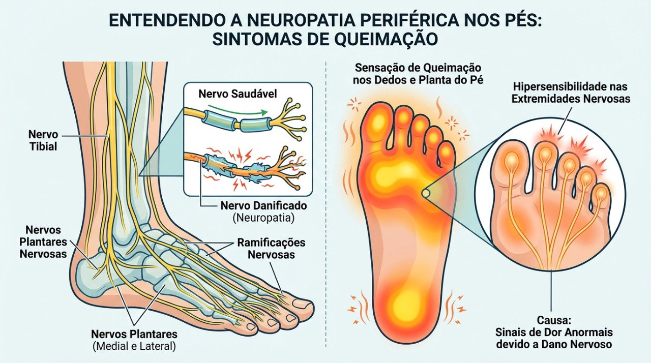 A neuropatia periférica pode começar nos pés e causar queimação, dormência, formigamento e perda de sensibilidade. 
nhs.uk
+1