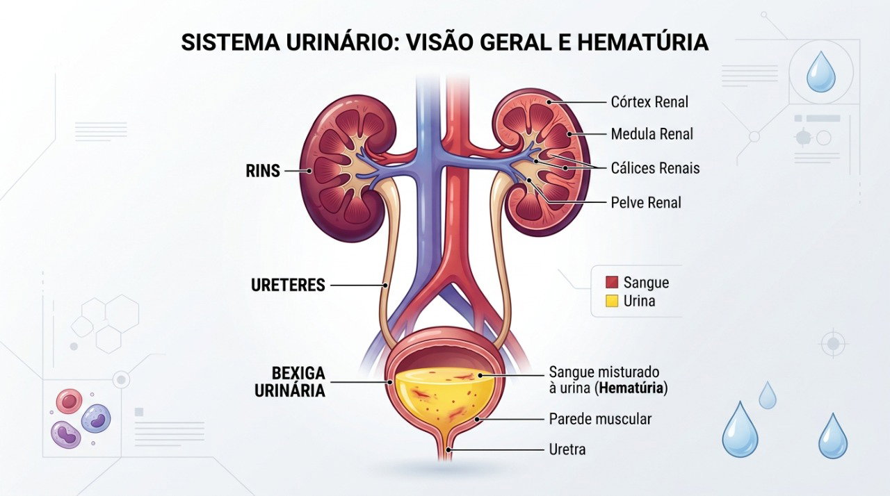 A hematúria pode deixar a urina rosa, vermelha ou marrom e precisa ter a causa investigada.
NIDDK