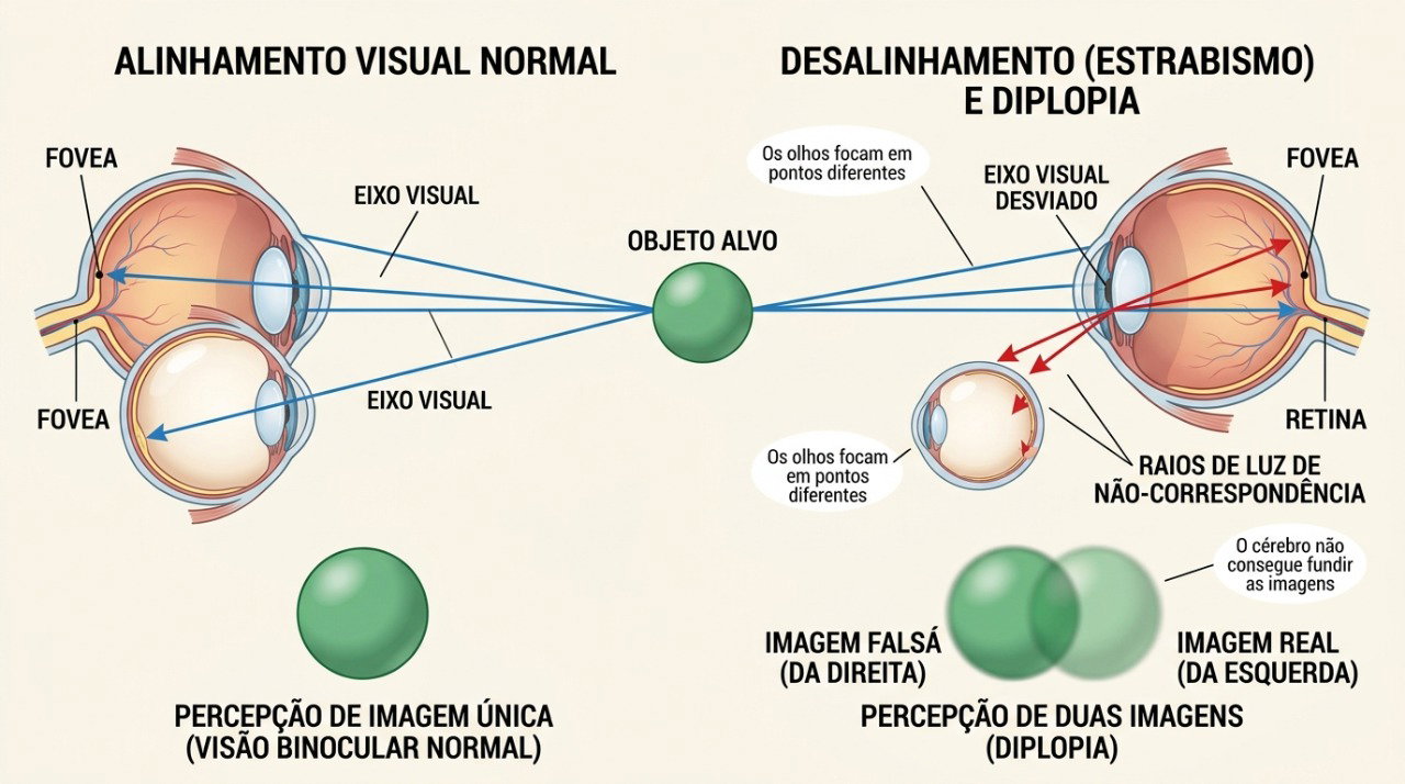 A diplopia pode ocorrer por desalinhamento dos olhos ou por alterações locais em um dos olhos.
nhs.uk
