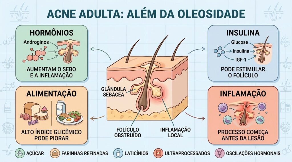 Hormônios, insulina, alimentação e inflamação atuam juntos na acne adulta.