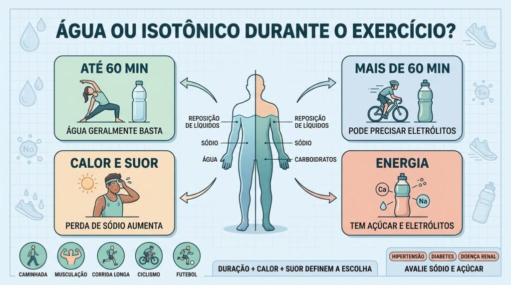 Duração, calor, suor e necessidade de energia definem quando usar água ou isotônico.