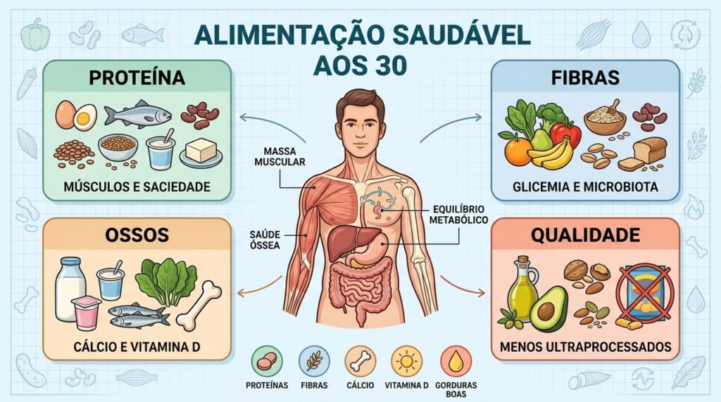 Proteínas, fibras, cálcio e vitamina D fortalecem a prevenção alimentar aos 30.