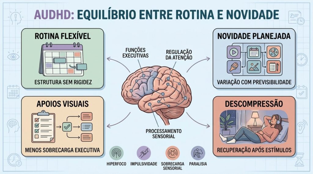 Quatro estratégias ajudam a equilibrar rotina, novidade e sobrecarga no AuDHD.