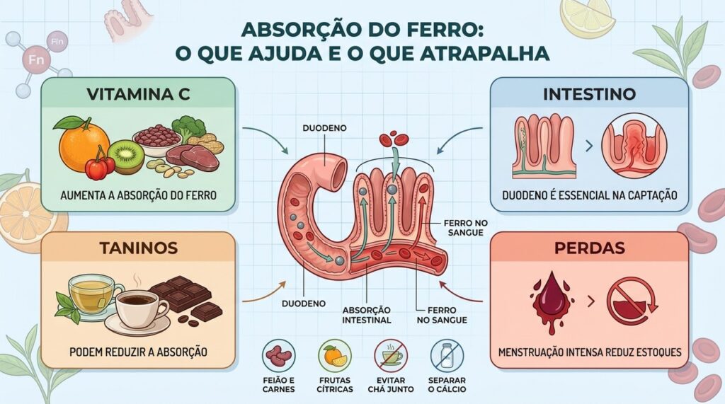 Intestino, vitamina C, taninos e perdas menstruais influenciam diretamente os estoques de ferro.
