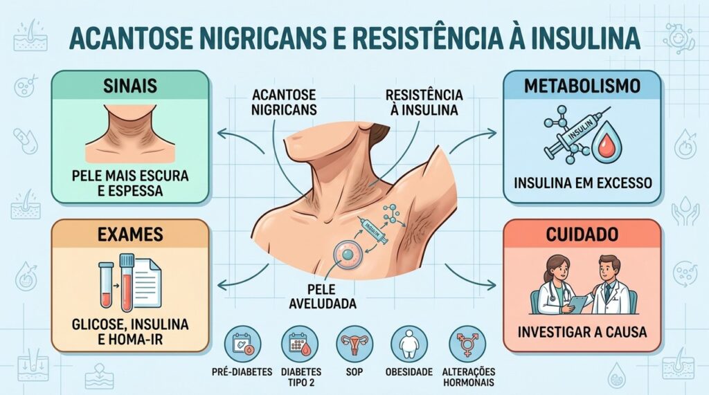 Quatro frentes ajudam a investigar acantose nigricans: sinais, metabolismo, exames e causa de base.