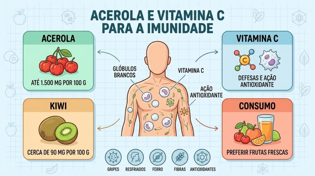 Acerola, vitamina C, kiwi e consumo fresco formam um conjunto nutritivo para as defesas.