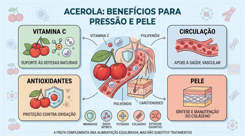Vitamina C, antioxidantes, circulação e colágeno resumem os principais benefícios da acerola.