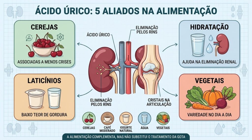 Cerejas, hidratação, laticínios, vegetais e café apoiam o controle do ácido úrico.