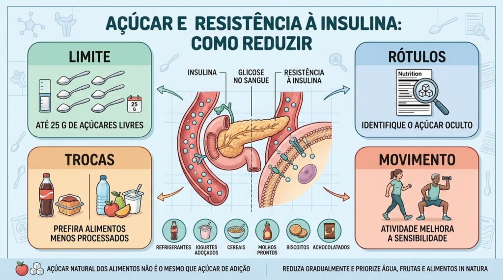 Limite diário, leitura de rótulos, boas trocas e exercício favorecem a sensibilidade à insulina.