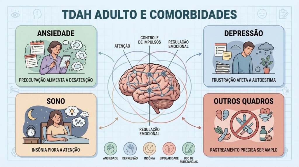 TDAH adulto raramente aparece sozinho e pode vir com ansiedade, depressão e insônia. Entenda como essas condições se conectam e afetam o tratamento.