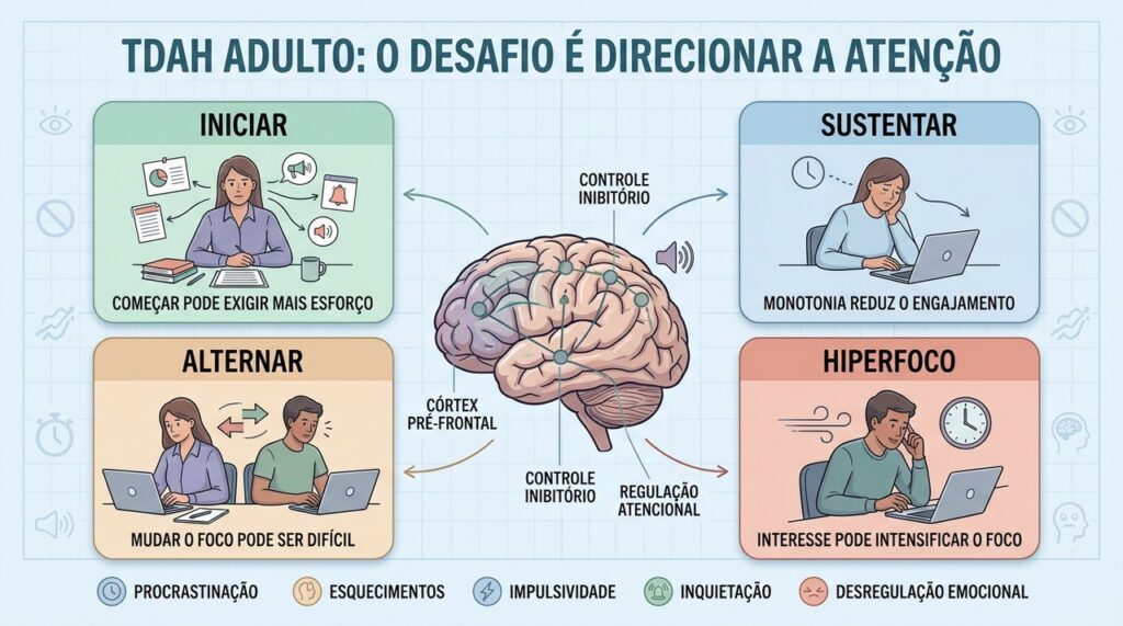 Iniciar, sustentar, alternar e hiperfocar revelam a desregulação atencional do TDAH.