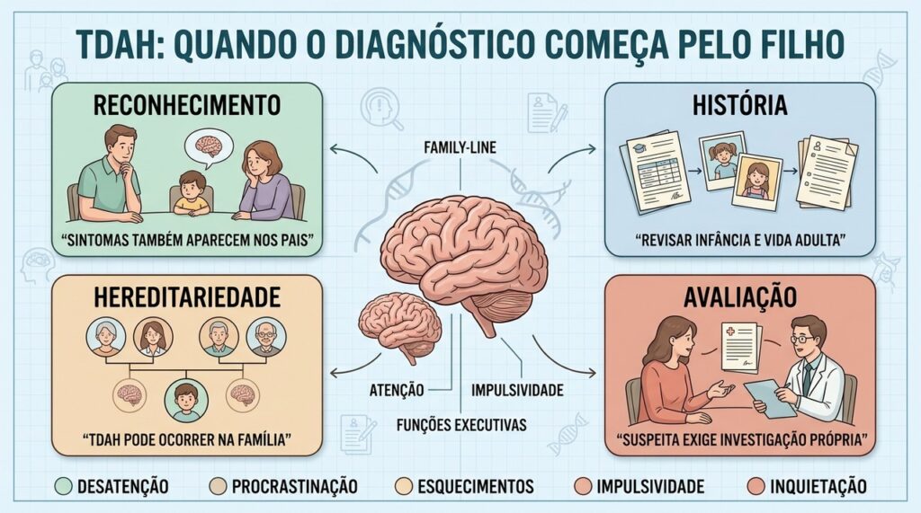 Reconhecimento familiar, história, hereditariedade e avaliação orientam a investigação do TDAH adulto.