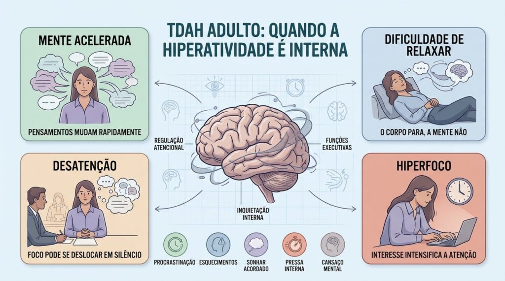 Mente acelerada, desatenção, dificuldade de relaxar e hiperfoco podem ocorrer silenciosamente.