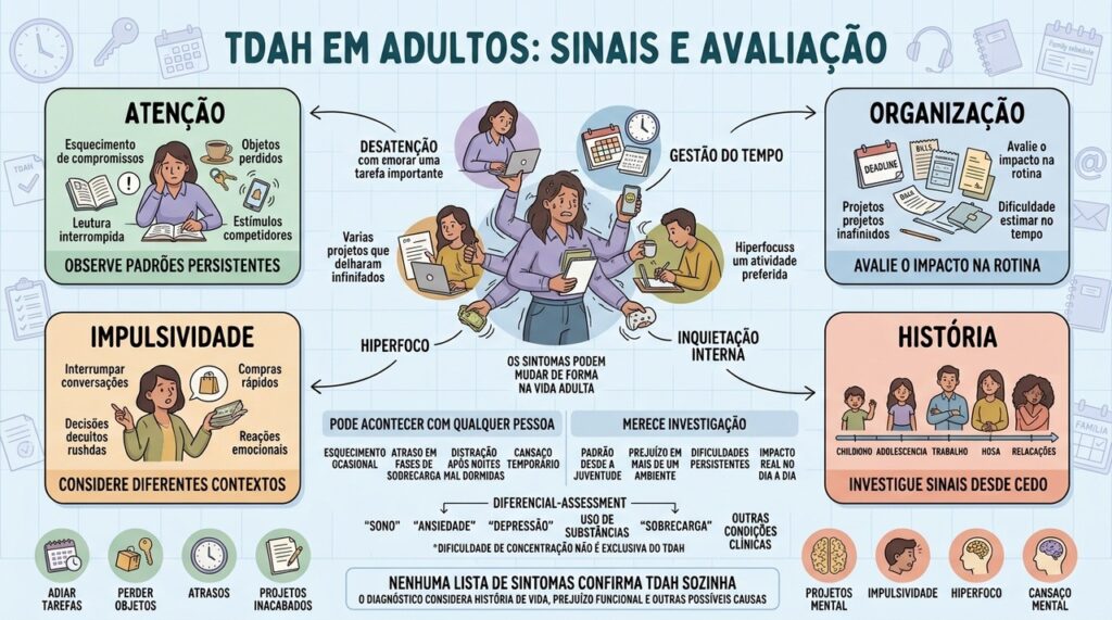 Atenção, organização, impulsividade e história ajudam a orientar a avaliação adulta.