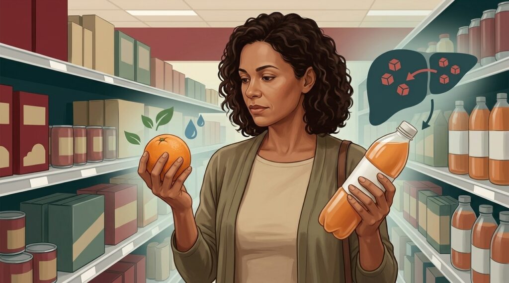Frutas inteiras e bebidas açucaradas afetam o metabolismo hepático de formas diferentes.