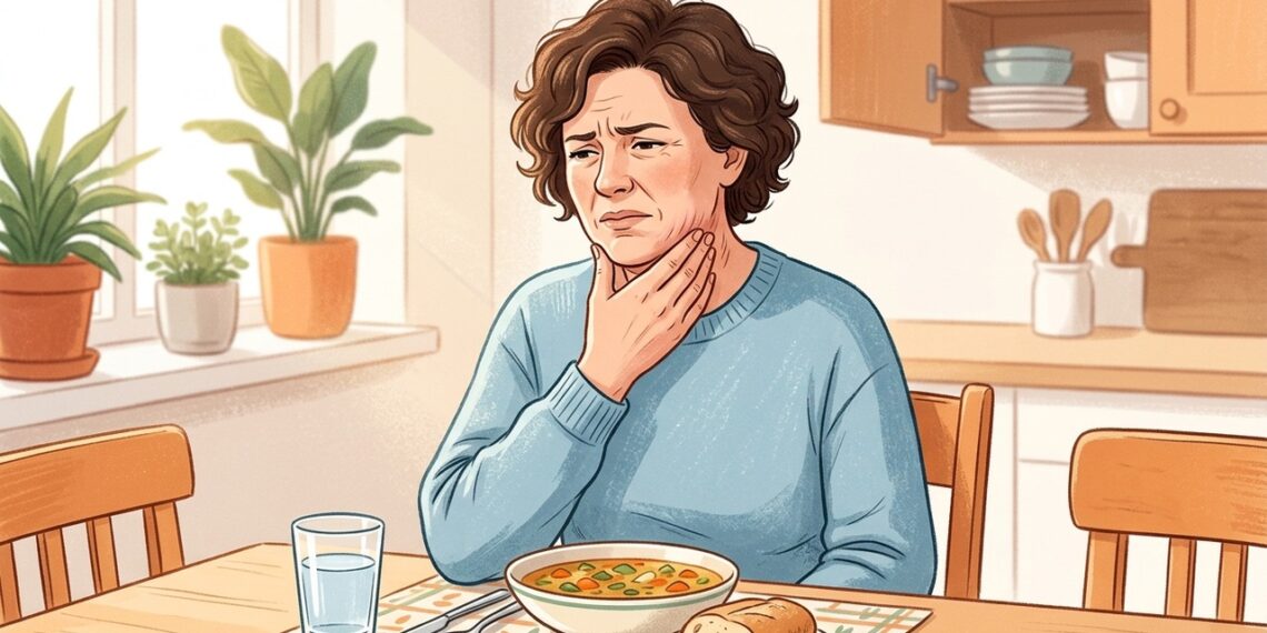 Dor e inchaço embaixo do queixo que pioram ao comer podem indicar pedra na glândula salivar.