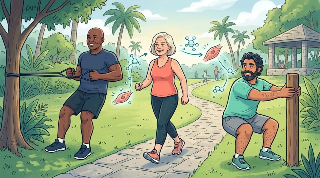 Movimento regular aumenta a captação muscular de glicose e complementa alimentação e tratamento do diabetes tipo 2.