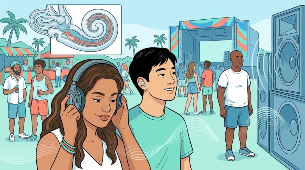 Proteger os ouvidos durante música intensa ajuda a reduzir o risco de perda auditiva precoce.