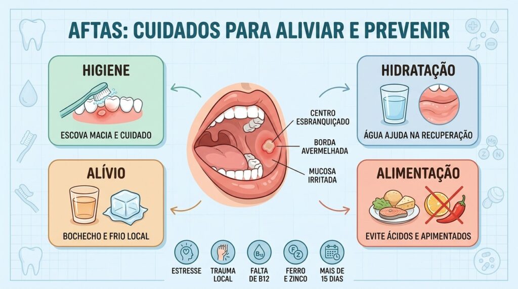 Higiene, hidratação, alívio local e alimentação favorecem a recuperação das aftas.