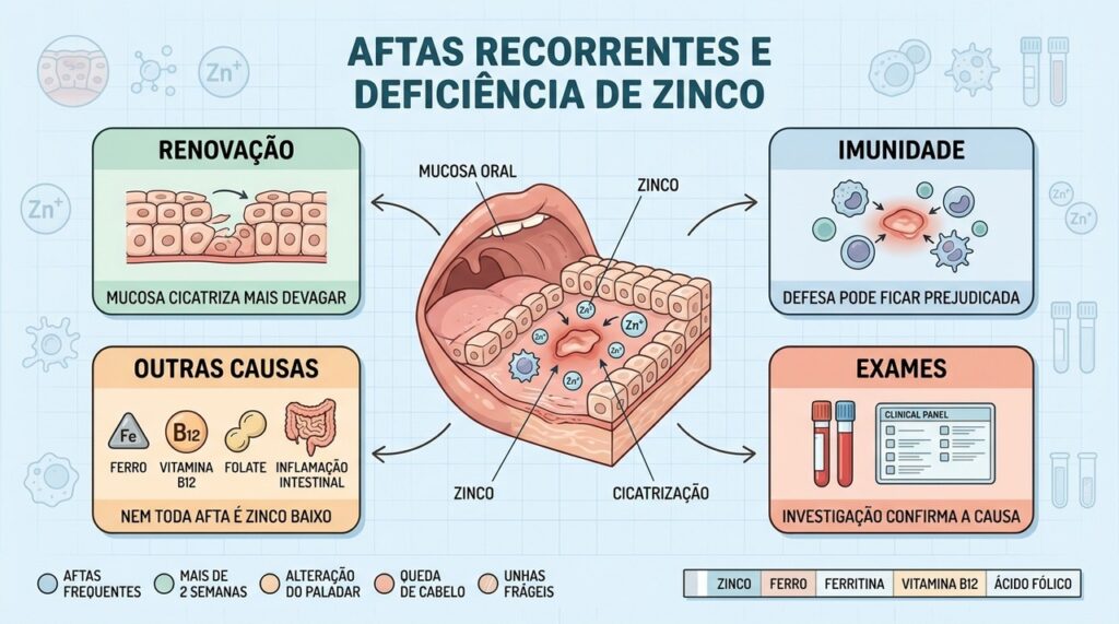 Zinco, imunidade, cicatrização e exames ajudam a investigar aftas que persistem.