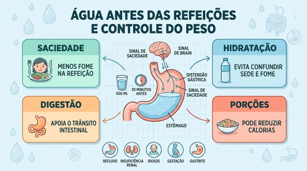Quatro mecanismos explicam como a água antes das refeições apoia o controle do peso.
