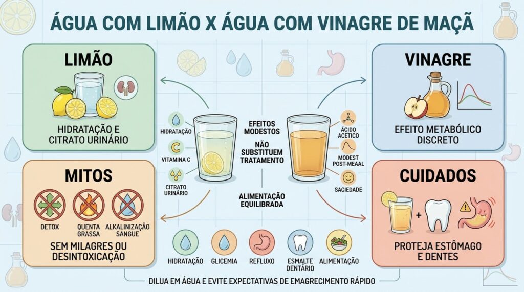 Benefícios, limites, mitos e cuidados diferenciam água com limão e vinagre de maçã.