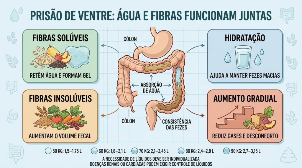 Hidratação, fibras solúveis, insolúveis e aumento gradual ajudam o intestino a funcionar melhor.