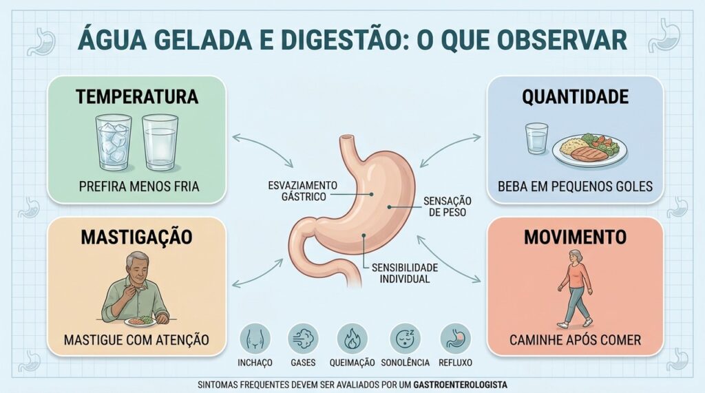 Temperatura, quantidade, mastigação e movimento influenciam o conforto digestivo após comer.