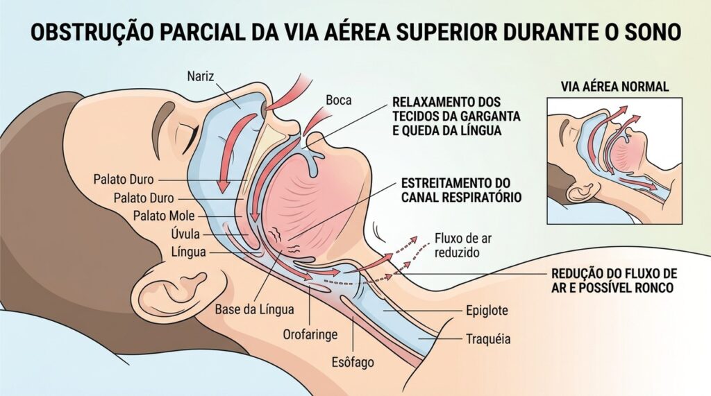 Na apneia obstrutiva do sono, o bloqueio da passagem de ar pode provocar pausas repetidas na respiração.