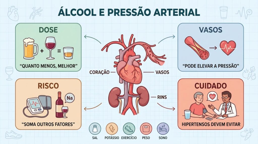 Quanto menor o consumo de álcool, menor a exposição a um fator que pode elevar a pressão arterial.