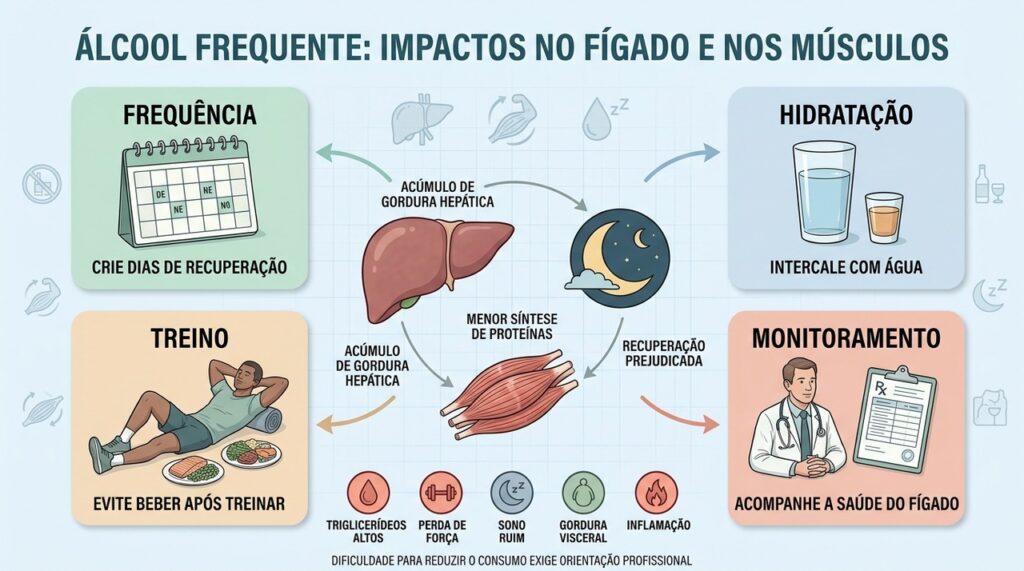 Frequência, hidratação, recuperação e monitoramento reduzem os impactos do álcool.